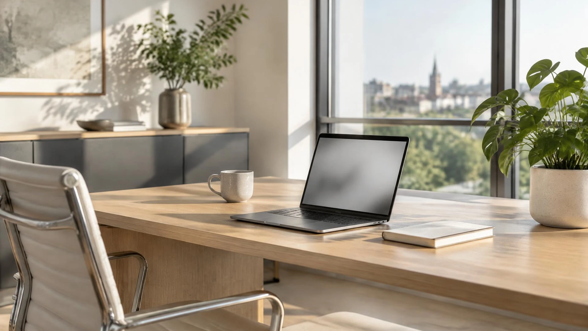 Helles aufgeräumtes Büro mit Laptop, Notizbuch und Pflanze im Morgenlicht